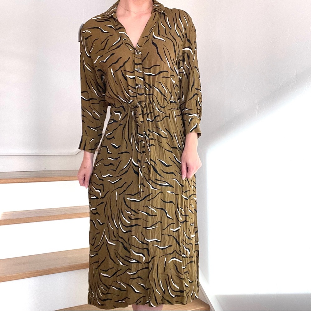 Anthropologie Corey Lynn Calter Olive Green Animal Zebra Tiger Stripe Dress